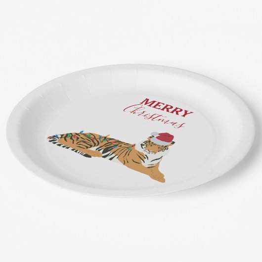 Weihnachts-Tiger Funny Animal mit Weihnachtsmannmü Pappteller (Schrägansicht)