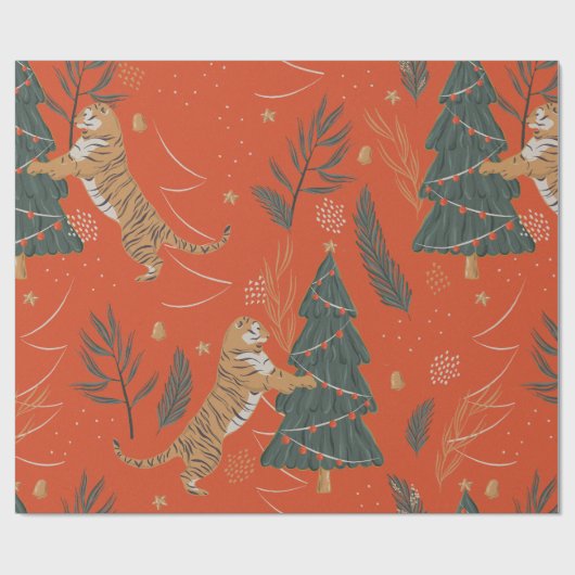 Weihnachts-Tiger mit Weihnachtsbaum Geschenkpapier (Flach)