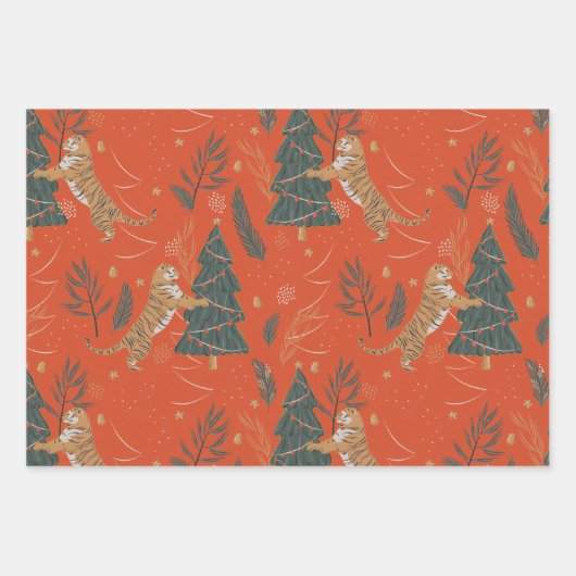 Weihnachts-Tiger mit Weihnachtsbaum Geschenkpapier Set (Vorderseite 3)