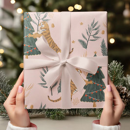 Weihnachts Tiger mit Weihnachtsbaum Pink Geschenkpapier