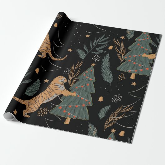 Weihnachts Tiger mit Weihnachtsbaum Schwarz Geschenkpapier (Ungerollt)