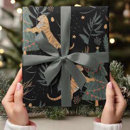 Weihnachts Tiger mit Weihnachtsbaum Schwarz Geschenkpapier