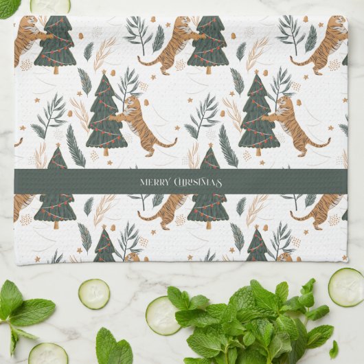 Weihnachts-Tiger und Baummuster Geschirrtuch (Gefaltet)