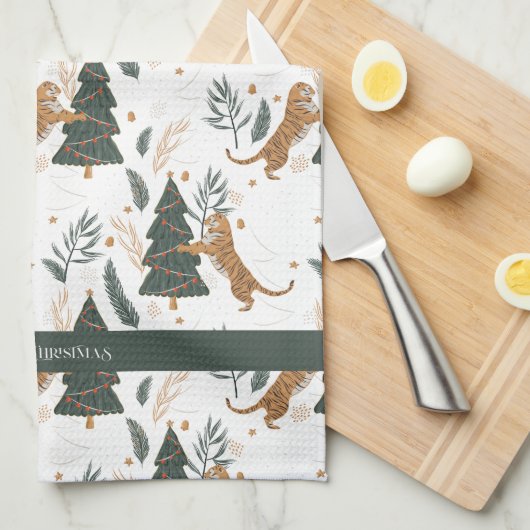 Weihnachts-Tiger und Baummuster Geschirrtuch (Viertel Falte)