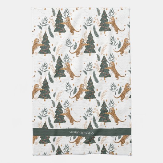 Weihnachts-Tiger und Baummuster Geschirrtuch (Vertikal)