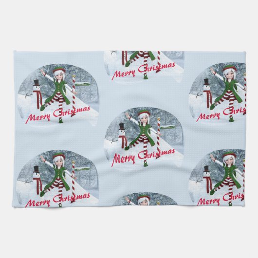 Weihnachts-Toon-Girl im Winterwald Geschirrtuch (Horizontal)