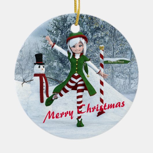 Weihnachts-Toon-Girl im Winterwald Keramik Ornament (Vorne)