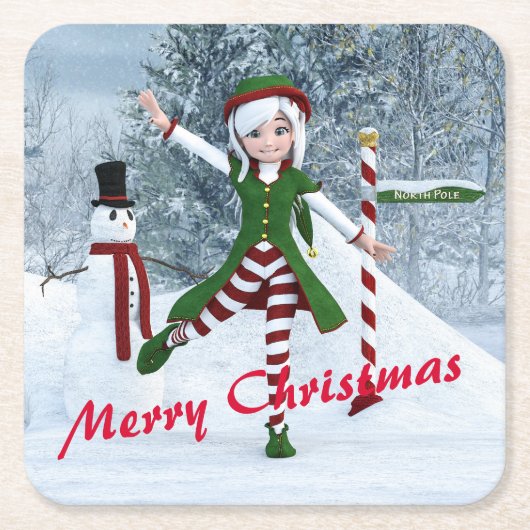 Weihnachts-Toon-Girl im Winterwald Rechteckiger Pappuntersetzer (Vorderseite)