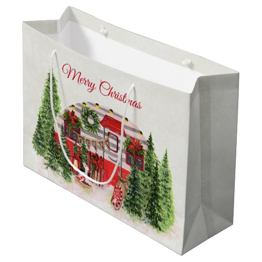 Weihnachts-Trailer-Campingplatz Outdoorsy-Thema Große Geschenktüte (Vorderseite Schrägansicht)