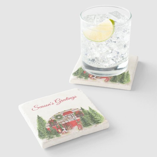 Weihnachts-Trailer-Campingplatz Outdoorsy-Thema Steinuntersetzer (Seitenansicht)