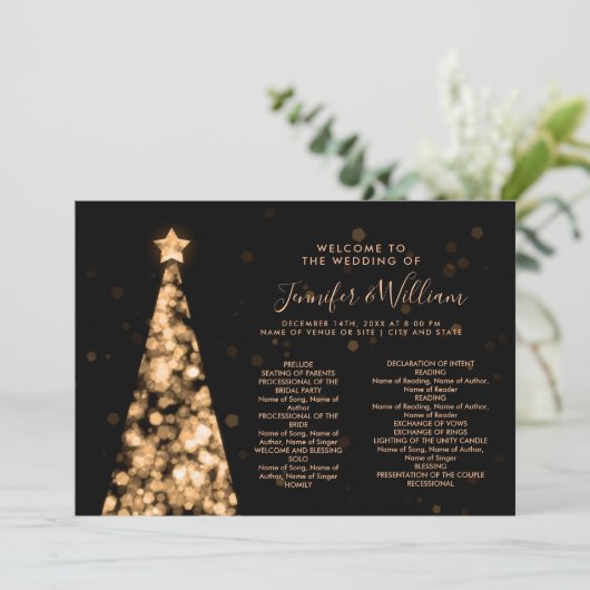Weihnachts-Tree-Gold-Hochzeitsprogramm Einladung (Stehend Vorderseite)
