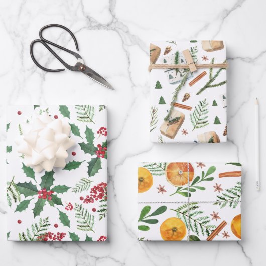 Weihnachts-Trio - Orangen, Holly Berries und Gesch Geschenkpapier Set (Vorderseite)
