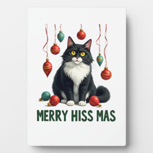 Weihnachts-Tuxedo-Katze mit festlichen Dekoratione Fotoplatte