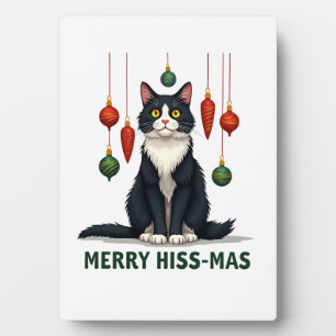 Weihnachts-Tuxedo-Katze mit festlichen Dekoratione Fotoplatte