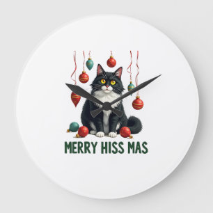 Weihnachts-Tuxedo-Katze mit festlichen Dekoratione Große Wanduhr