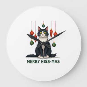 Weihnachts-Tuxedo-Katze mit festlichen Dekoratione Große Wanduhr