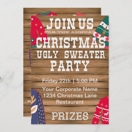Weihnachts Ugly Sweater Corporate Party Holz Einladung (Vorne/Hinten)