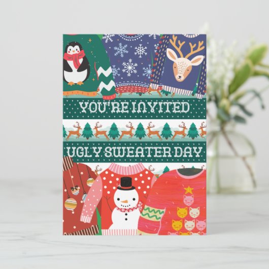 Weihnachts Ugly Sweater Day Funny Corporate Party Einladung (Stehend Vorderseite)