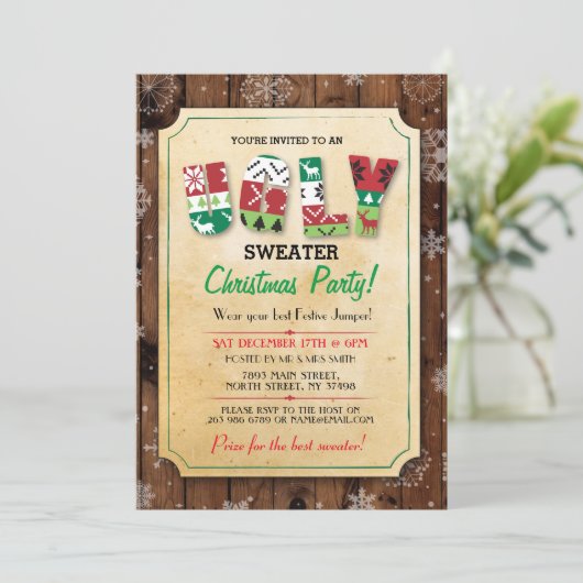 Weihnachts Ugly Sweater Jumper Party Dinner einlad Einladung (Stehend Vorderseite)