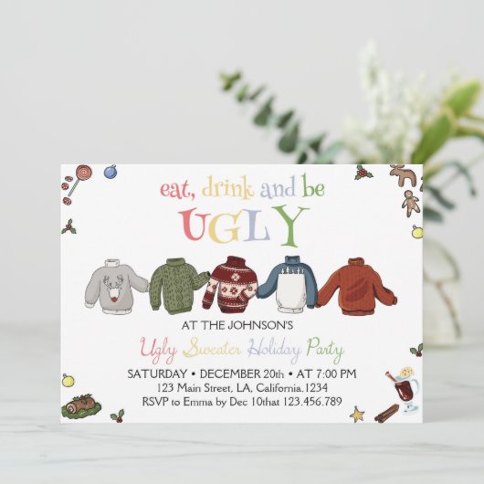 Weihnachts Ugly Sweater Party Einladung (Stehend Vorderseite)