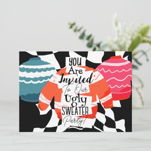 Weihnachts Ugly Sweater Party Einladung (Stehend Vorderseite)
