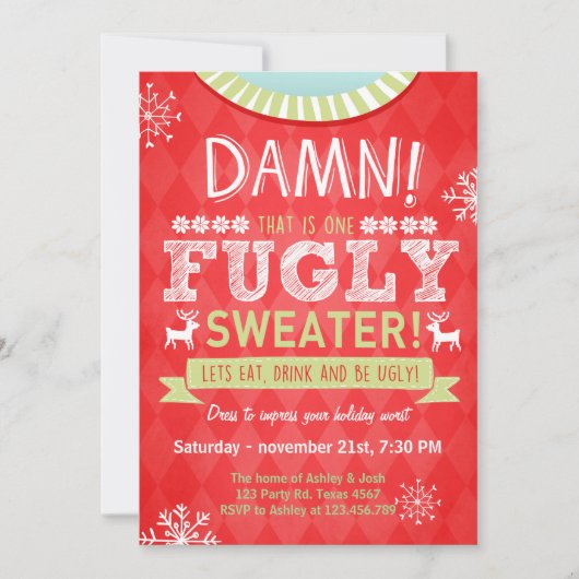 Weihnachts Ugly Sweater Party Fugly Sweater Red Einladung (Vorderseite)