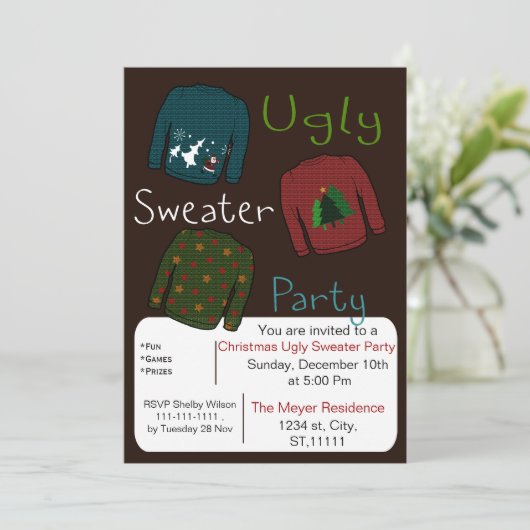 Weihnachts Ugly Sweater Party Invites Einladung (Stehend Vorderseite)