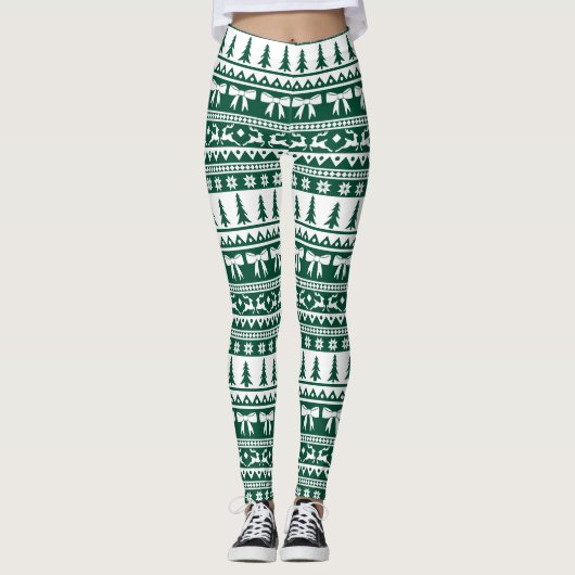 Weihnachts Ugly Sweater Strick Muster in Dunkelgrü Leggings (Vorderseite)