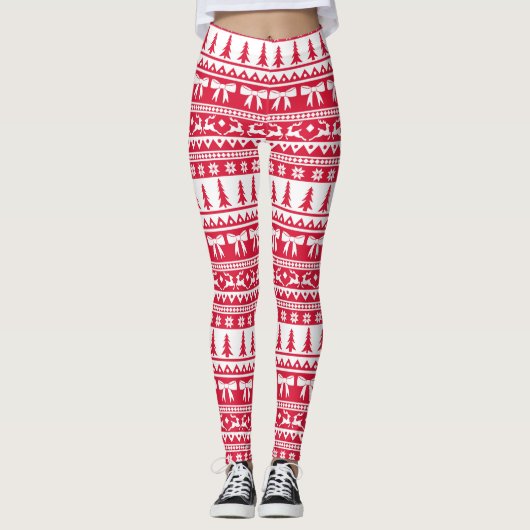 Weihnachts Ugly Sweater Strick Muster in Rot & Wei Leggings (Vorderseite)