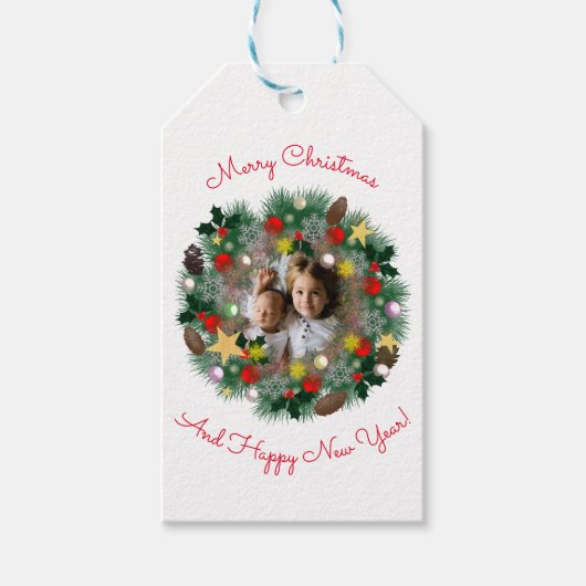 Weihnachts- und Neujahrsgrüße, Foto in einem Kreid Geschenkanhänger (Vorderseite)
