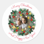 Weihnachts- und Neujahrsgrüße, Foto in einer Krone Runder Aufkleber (Vorderseite)