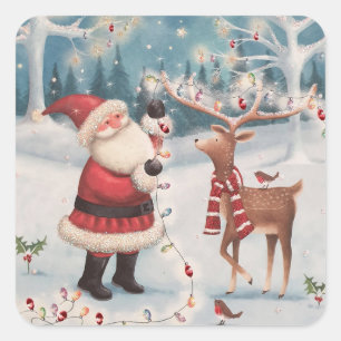 Weihnachts- und Rudolph-Schneeszene Quadratischer Aufkleber