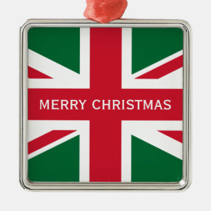 Weihnachts-Union-Jack ~ Rot, Grün und Weiß Silbernes Ornament
