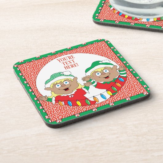 Weihnachts-Untersetzer Elf der Farbe glücklich Getränkeuntersetzer (Linke Seite)