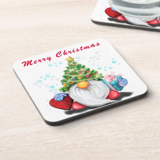Weihnachts-Untersetzer-Gnome mit Geschenk für Sie Getränkeuntersetzer (Linke Seite)