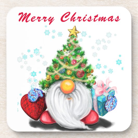 Weihnachts-Untersetzer-Gnome mit Geschenk für Sie Getränkeuntersetzer (Vorderseite)