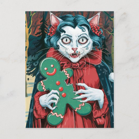 Weihnachts Vampire Kitty mit grünem Lebkuchen Postkarte (Vorderseite)