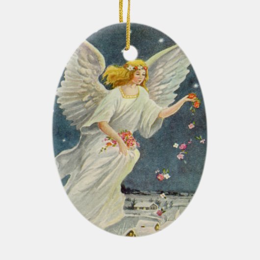 Weihnachts-Viktorianischer Engel mit Sternen Rose Keramik Ornament (Hinten)