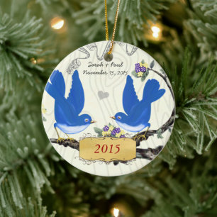 Weihnachts-Vintage-Blauhäher auf Holzkorn Keramikornament