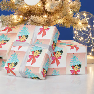 Weihnachts-Vintage-Mädchen mit Baum als Hut Geschenkpapier