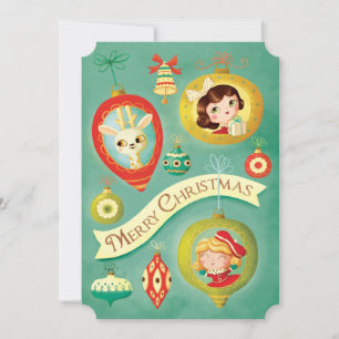 Weihnachts-Vintage-Puppen und Rentier-Karte Feiertagskarte