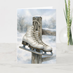 Weihnachts-Vintage-Schlittschuhe an einem Zaunpfos Karte