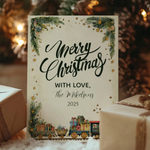Weihnachts-Vintage-Zug und Geschenke Feiertagskarte