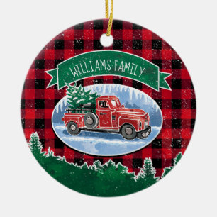 Weihnachts Vintager LKW Red Buffalo Kariertes Foto Keramik Ornament