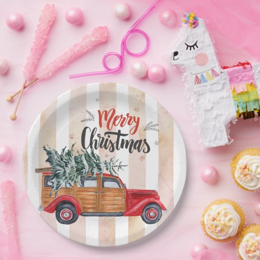 Weihnachts Vintager Red Panel Truck Pappteller (Party)