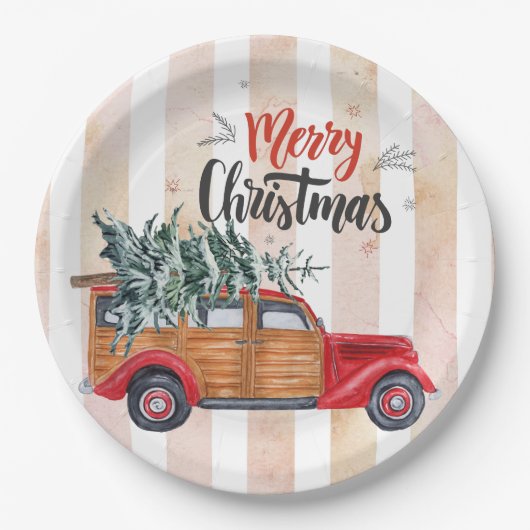 Weihnachts Vintager Red Panel Truck Pappteller (Vorderseite)