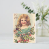 Weihnachts-Vintages Mädchen mit Katze Feiertagspostkarte (Stehend Vorderseite)