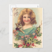 Weihnachts-Vintages Mädchen mit Katze Feiertagspostkarte (Vorne/Hinten)