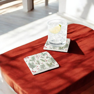 Weihnachts-Waldkiefer- und rotes-Beeren-Design Steinuntersetzer