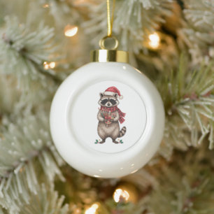 Weihnachts-Waschbär-Künstler-Santa-Hut-Pinsel Keramik Kugel-Ornament